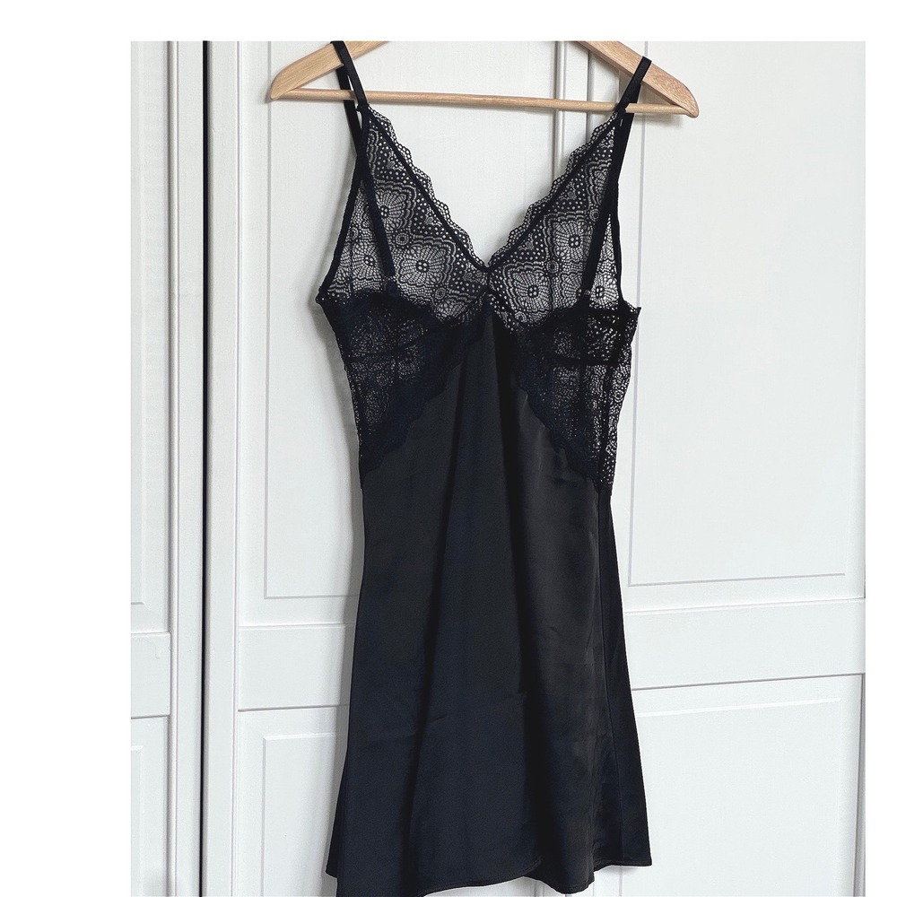 Black Satin and Lace Chemise Sheer Nightgown Mini Slip Dress‎ - Picture 2 of 9